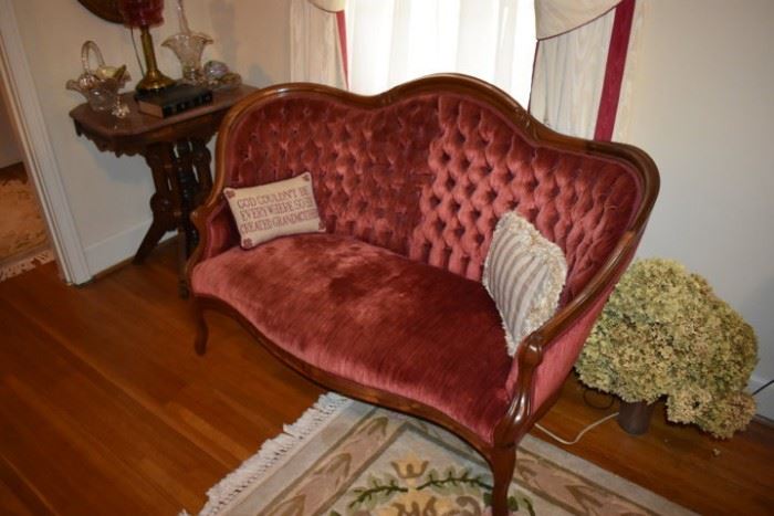 Lovely Tufted Back Antique Victorian Sofa in Red Velvet