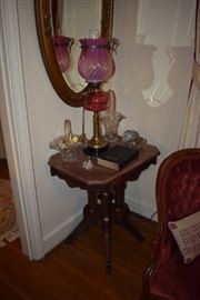 Gorgeous Rare Banquet Lamp, Fenton Baskets, Victorian Marble Top Table and Beveled Oval Wall Mirror