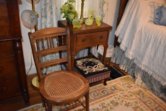 Antique Chair and End Table with a hint of the Uranium Glass sitting on the Antique End Table