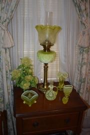 Gorgeous and Rare Banquet Lamp It's Beauty Speaks for Itself!!! Also pictured are Examples of an Uranium Glass Vase, Cruet, Footed Bowl and Vase