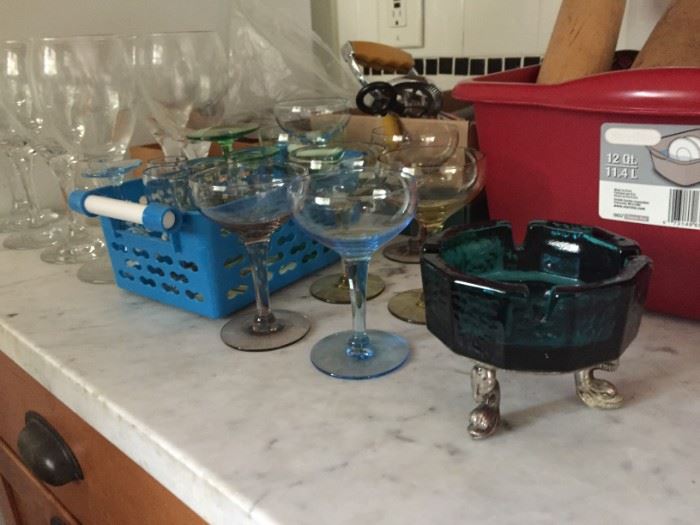 Glassware and Vintage Ashtray.