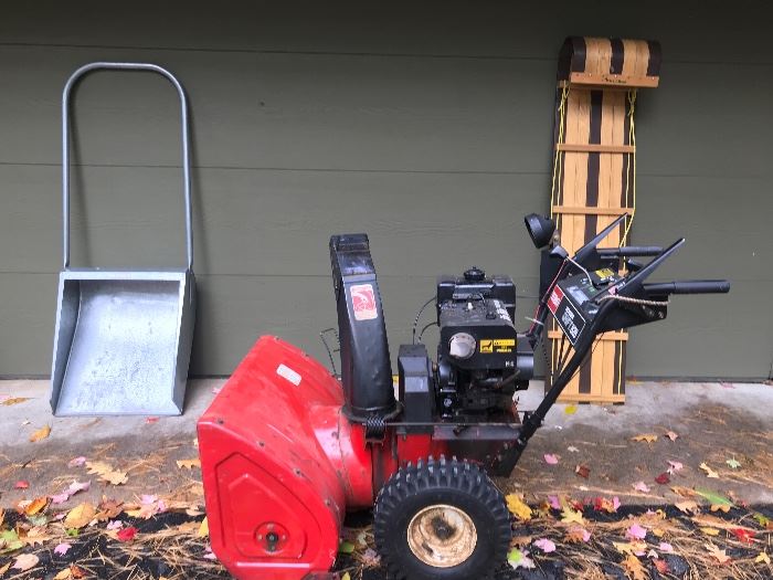 Snow is on its way.... We have some work and some fun.  Show push shovel, Toro Power Shift 828 Snow Blower / Thrower, and toboggan 