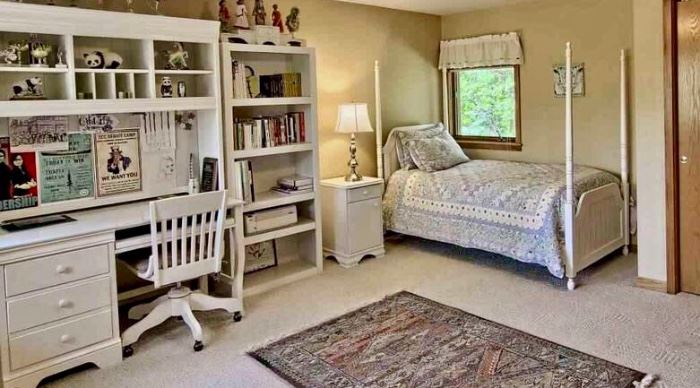 White 4 poster bedroom set, or use as a canopy bed!  Bed, Dresser, Nightstand, Bookcase and Desk with Chair.