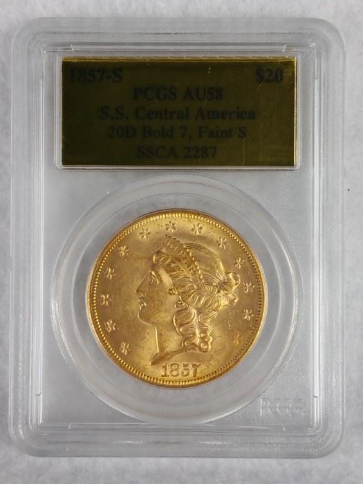 SS Central America Shipwreck 1857 S $20 Double Eagle Gold Coin (PCGS AU58)
