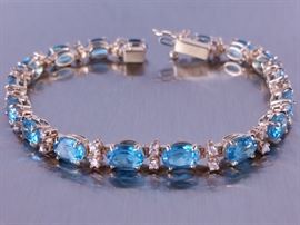 Natural Blue Topaz & Diamond Tennis Bracelet in 14k Gold
