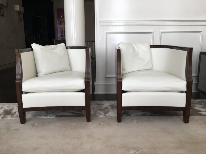 17) Dessin Fournir/Gerard Sterling John-Michel Frank Style Barrel Back Armchairs, PAIR. Full Grain Hide Leather in Dead White. 