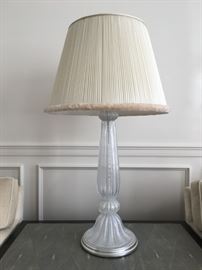 18) SET of THREE, William Switzer/Steve JEnsen Capistrano Table Lamps, 40". Murano Clear Glass with Silver Flecks. Custom Silk Shades with Catepillar Fringe.