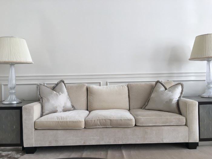 13) Henry Chan Custom Built Jean-Michel Frank Square Arm Sofa in 100% Linen Pile Velvet with Cow Hide Detail