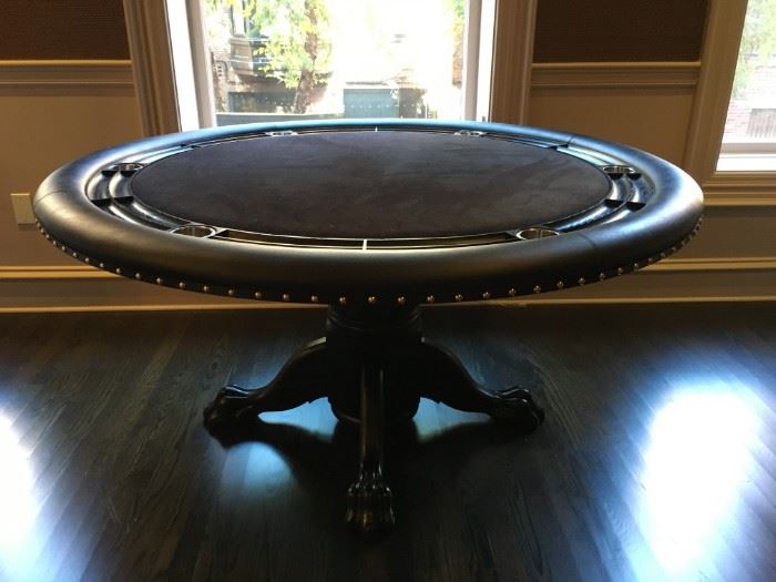 22) Custom Built Game Table with Paw Foot, Leather Bumper, Nailhead Trim with Removable Stainless Cup Holders. 