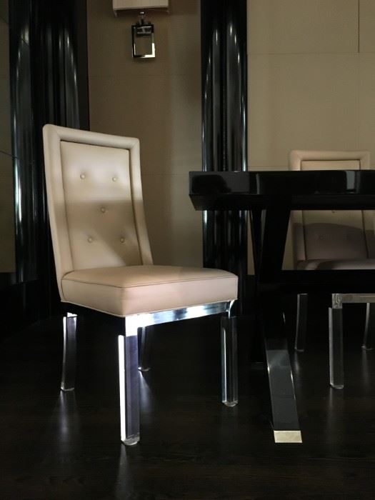 2) TEN Charles Hollis Jones Lucite Side Chairs with Top Grain Leather Seat and Back