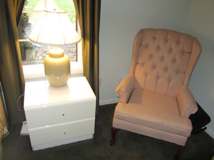 Ivory Bedside Table and Upholstered Chair