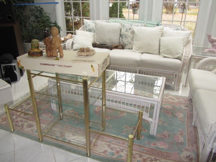 Brass etagere , Wicker Coffee Table, Wicker Sofa and Loveseat