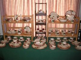 Kitchen:  Oh my gosh!  This is vintage FRANCISCAN-WARE in the "APPLE" pattern!!  And, it's the real thing!  Vintage 1950's-made in the USA. Included are:  10" dinner plates; 8" salad plates; 6" bread/butter plates; tea and coffee cups/saucers; cream & sugar; large mugs; small fruit bowls; soup bowls; serving bowls; divided dishes; gravy with attached under-plate; covered butter; peppermill; covered casserole; egg cups; crescent bone dishes; candleholders; platters; a 6-l/2" tall salt & pepper set, and a few more items!  