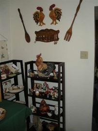 Kitchen:  Cockle-doo-doo!  We have chickens and roosters in the forms of vintage seed roosters on the wall, figurines, salt/pepper, pitchers, banks and a cookie jar.  Also on the wall are another wooden spoon/fork set and a spoon rack with souvenir spoons.  