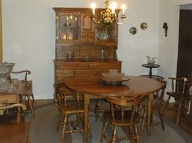 Dining Room:  This maple furniture is in excellent condition!  Each piece is priced separately (except for the set of six chairs which is priced as a set of 6).  On the dining table is a rare one-piece FOSTORIA AMERICAN "chip & dip" but there is much more FOSTORIA in this sale!  Closer photos are coming up.
