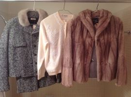 Bedroom #1 (Master):  The two piece vintage suit on the left with a mink collar is by VOGUE; the vintage creamy white sweater is embroidered with beading; and the vintage jacket is mink.  