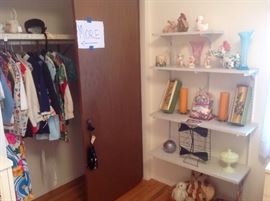 Bedroom #3:  The closet has children's vintage clothing and little girl purses and hats AND the nearby wall shelves have numerous vintage items as well.  On the third shelf is a bag of vintage potholder loops and a loom.  I remember those well as I used to make potholders and sell them door to door to neighbors in the 1960's (my $1.00 a week allowance was just not cutting it!).  