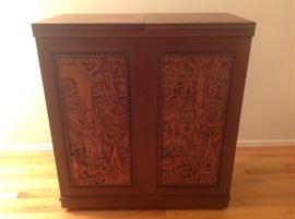 Living Room: The tops have now been folded in and the side doors have been folded back to create a smaller chest.  It now measures 35" wide x 17-l/2" deep x 37-l/2" tall.  The next photo shows the detailed carving.