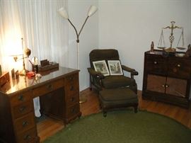 Bedroom #4:  More items including the desk; mid-century modern double gooseneck metal floor lamp; chair/ottoman; radio cabinet; 6x9 oval green rug; and decor are for sale.  Some closer photos are coming up.