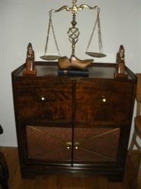 Bedroom #4:  This vintage radio cabinet is in good shape.  Its components are in a nearby box.  The vintage brass scale, old CANDY shoe last, and pair of wood carved monk bookends are also for sale.  