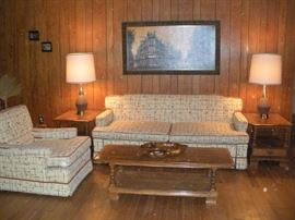 Family Room:  This is an overview of the family room.  The sofa sleeper and chair match but are priced separately.  The mid-century brown cork/brass lamps are priced as a pair as are the ETHAN ALLEN side tables.  However, the ETHAN ALLEN coffee table is priced separately.  The vintage print above the sofa is also for sale.    Some closer photos follow.