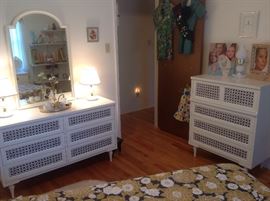 Bedroom #3:   This is true MID-CENTURY bedroom furniture!  My client used it growing up.  The six drawer white dresser/mirror, four drawer chest, nearby desk and night-stand are all priced separately. The black/white drawer panels seem to "float" in the drawer and could be removed and replaced or painted.  But this is all original 1960's.  The boxed CLAIROL make-up mirrors on the chest are also vintage.