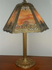 Bedroom #1 (Master): This is a closer photo of the antique EM & Co. (1161) 6-panel slag glass lamp.