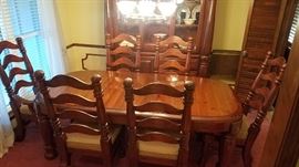 Dining table with two leafs and six chairs, Paul Bunyan Collection by Singer Furniture, circa 1970s