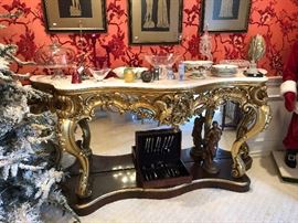 Marble Top, Mirror Back Gold Console/Server