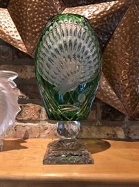 Green Cut to Clear Peacock Vase