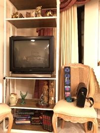 Iron Etagere and Wicker Back Chairs