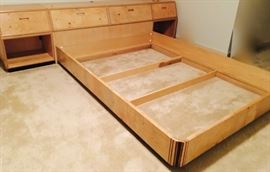 'Scene Two' Henredon, Platform Queen Bed! Burled wood with inlaid wood trim, includes two side tables and interior storage!