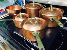 Set of 5 copper pots, Paul Revere