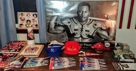 sports memorabilia:  Bo Jackson Nike poster in plastic, books, mini baseball pennants, hats, KC Blades hockey puck, etc.  -- WHITE BEDROOM