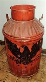painted milk can with eagle  -- WHITE BEDROOM