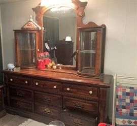 dresser with mirror and display cases  -- BASEMENT