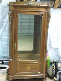 Antique Wood and Glass Cabinet, Mirrored Back and Glass Shelves 