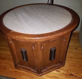 Travertine Top Mid-Century Modern Round Commode End Table