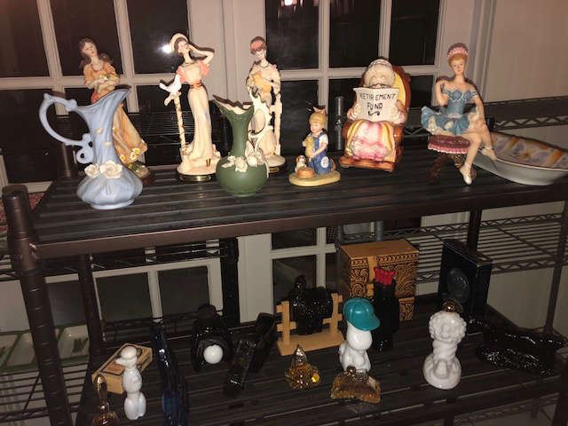 Various knick-knacks and vintage Avon perfumes (full, not just the bottle)