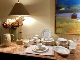 Royal Doulton “Rondo”  Service for 12 with small oval vegetable bowl. Five-piece placesetting with dinner plates, salad plates, bread and butter, cup and saucer.