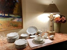 Haviland Limoges bone china. “Ranson”   24 karat gold scalloped edge. Service for 8 Including round serving bowl, oval platter, and small oval dish.