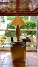Mid Century/Regency style glass top table.   Ceramic drip glaze MCM lamp. Fine French pedestal bowl. 