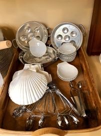 Clamshells, escargot pans,  escargot tongs