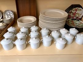 Homer Laughlin Cream Chop Plates and Bowls.  Pots de Creme