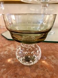 Carl Erickson Mid Century Art Glass sherbet with solid glass controlled bubble paperweight style base.