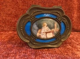 Antique French guilt hand painted portrait jewelry/trinket/casket. Enamel Guilloche. No cracks in Guilloche , lid is tight, silk lined, Victorian. 