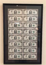 1976 Framed, uncut two dollar bill sheet