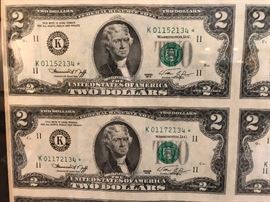 1976 Framed, uncut two dollar bill sheet