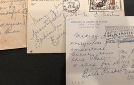 Rare and beautiful postcards signed by Estee  Lauder and her husband, Joseph during their excursions to France, Scotland, England, Greece, Spain during the 1960s-1970s