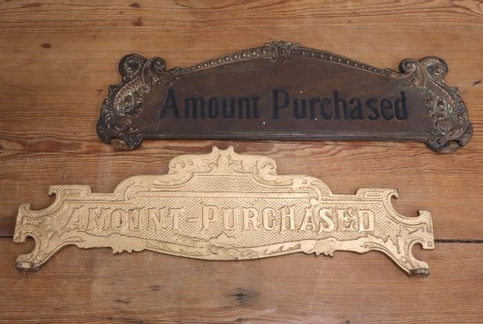 Two 20th century Cash Register "Amount Purchased" Marquees.  Some wear, one painted gold.  Up to 16 1/4" long. 